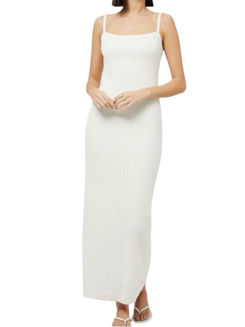 French Connection NWT Cream Pointelle Knit Bodycon Maxi Dress Medium Square Neck